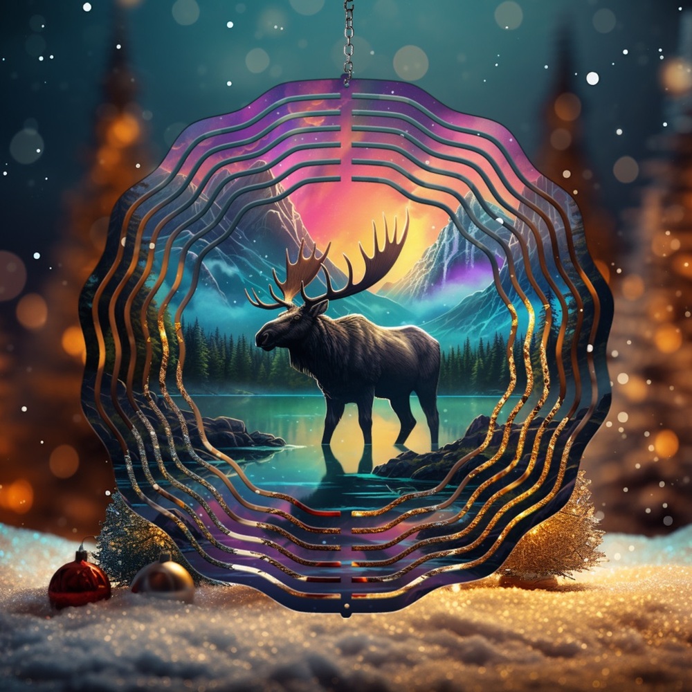 Handcrafted 8in moose with northern lights wind spinner
